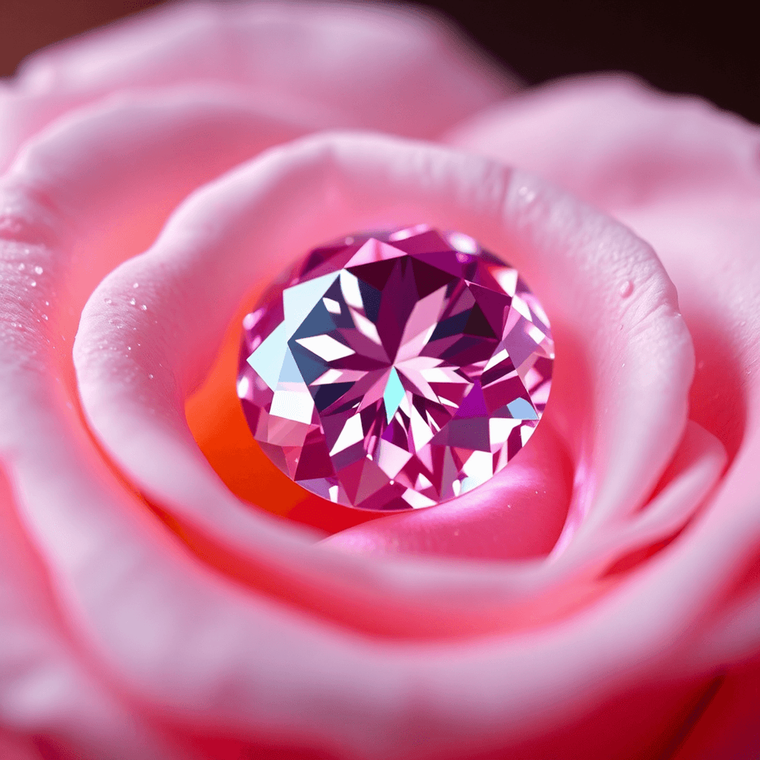 Close-up of a sparkling pink diamond on soft rose petals, bathed in warm light highlighting its brilliance and pink hue.