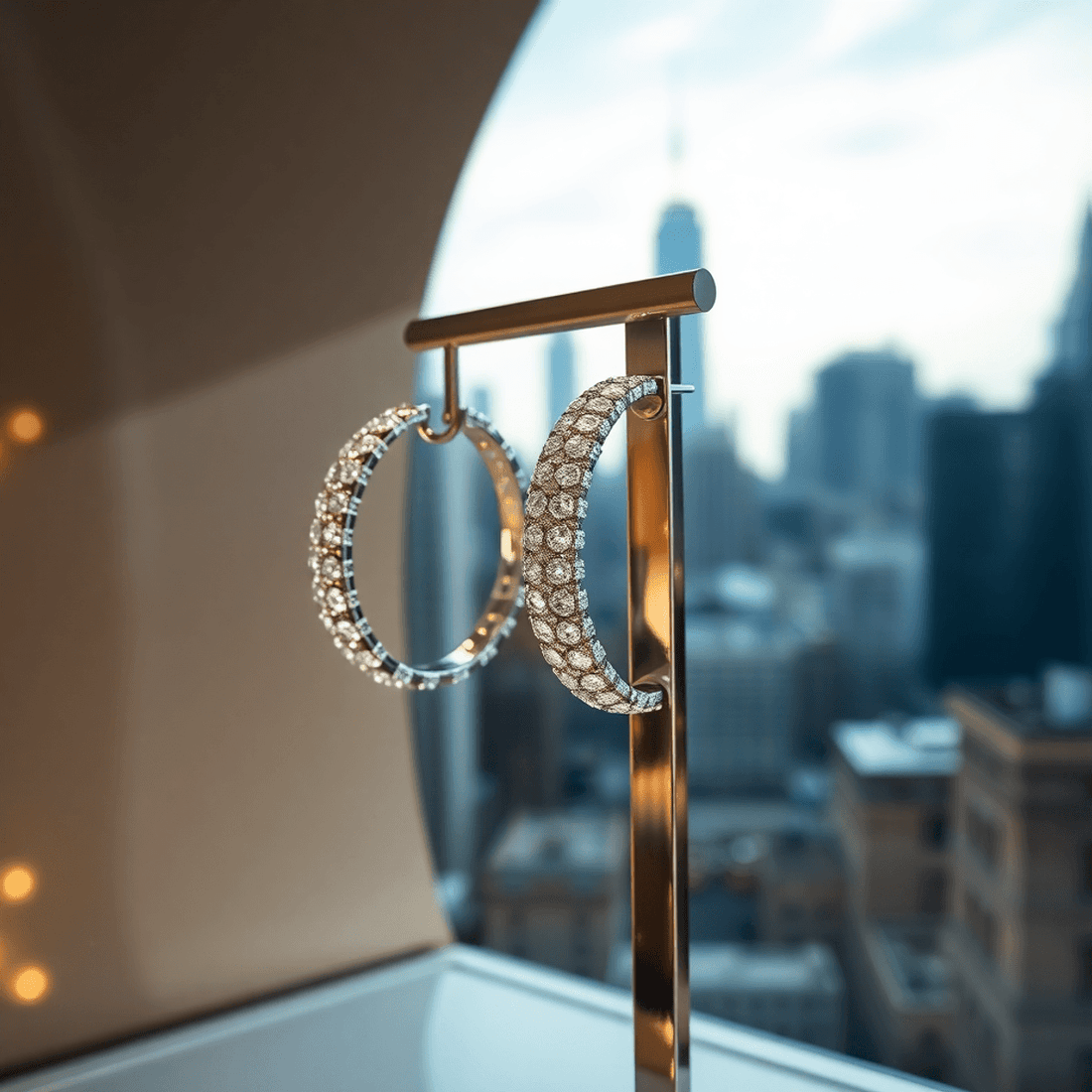 Close-up of sparkling diamond hoop earrings on a sleek stand with a blurred New York cityscape in the background, showcasing luxury and modern style.