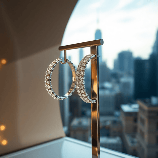 Close-up of sparkling diamond hoop earrings on a sleek stand with a blurred New York cityscape in the background, showcasing luxury and modern style.
