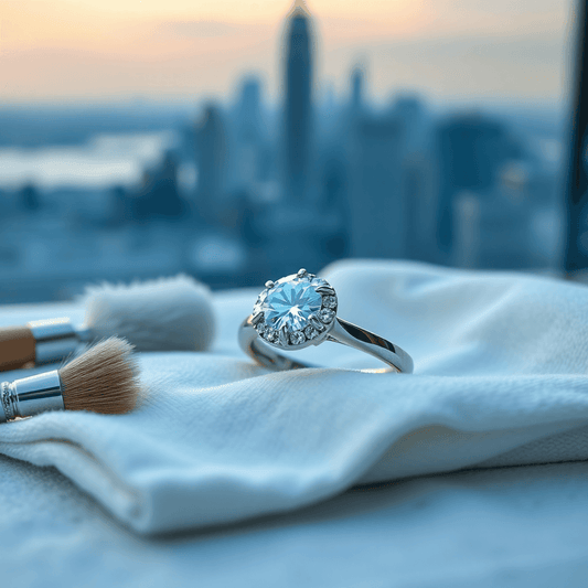 Close-up of a sparkling diamond ring on white cloth with cleaning tools and a blurred New York City skyline in the background.