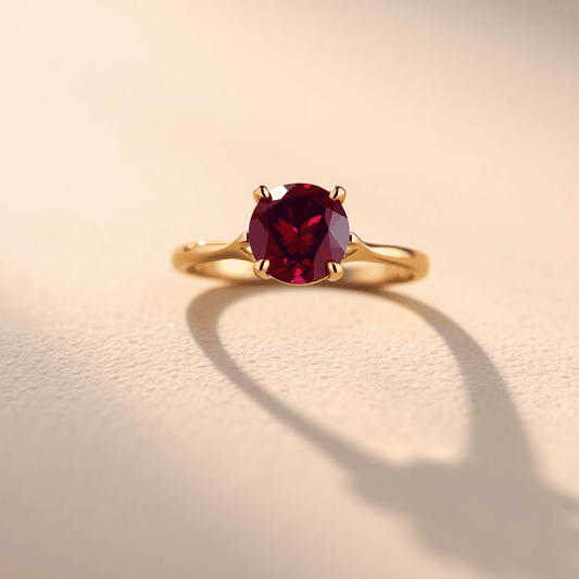 Close-up of a ruby engagement ring with a deep red gemstone set in gold, glowing softly on a smooth neutral surface.