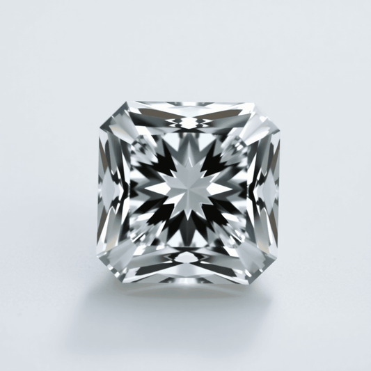 Close-up of a sparkling Asscher cut diamond with step-cut facets, set against a soft neutral background highlighting its brilliance and vintage elegance.