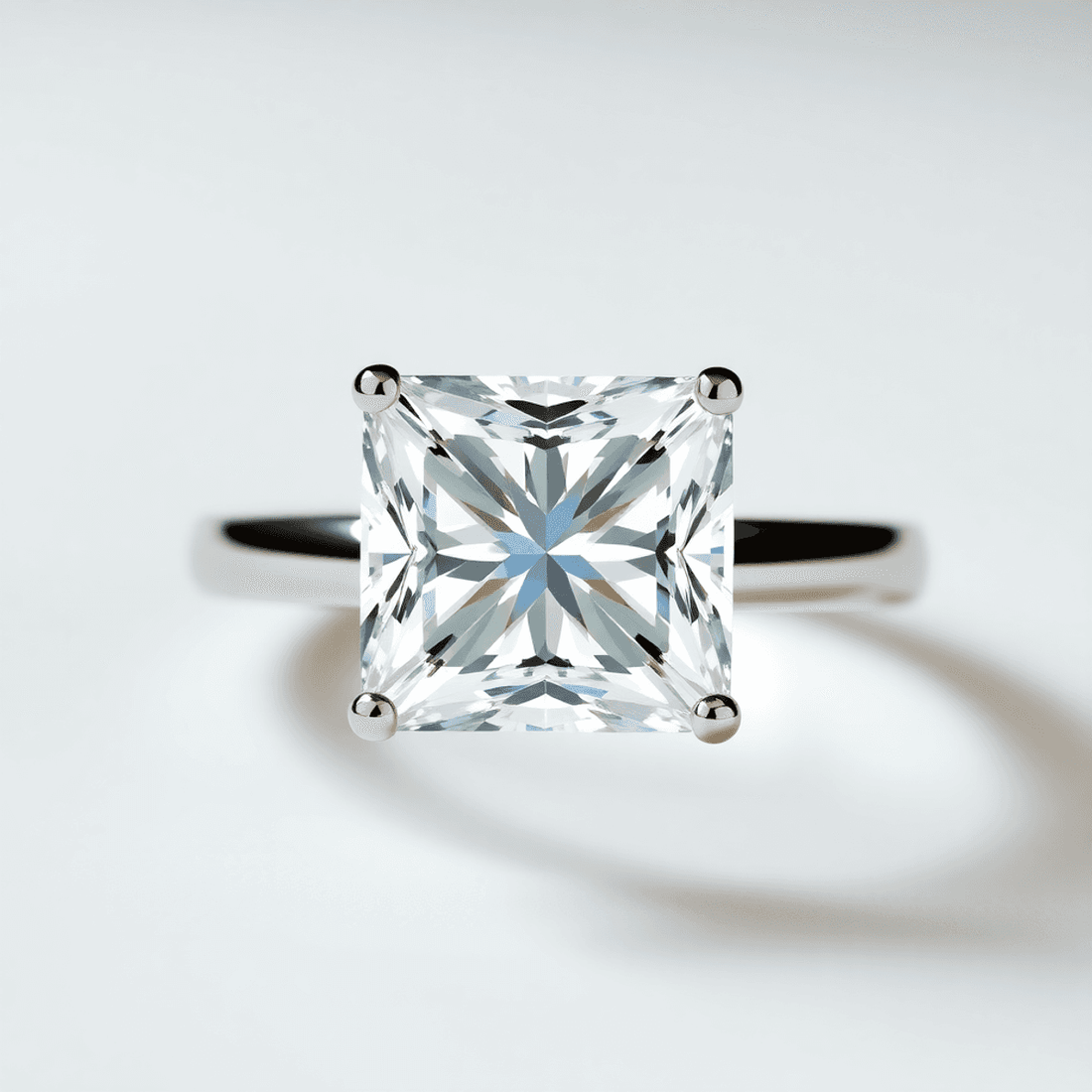 Close-up of a sparkling princess cut diamond ring with sharp facets on a sleek modern band against a soft, elegant background.