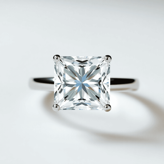 Close-up of a sparkling princess cut diamond ring with sharp facets on a sleek modern band against a soft, elegant background.