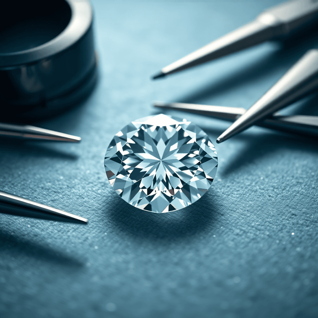 Close-up of a sparkling diamond on velvet cloth with jeweler's loupe and tweezers, softly lit to highlight the diamond’s brilliance and intricate facets.