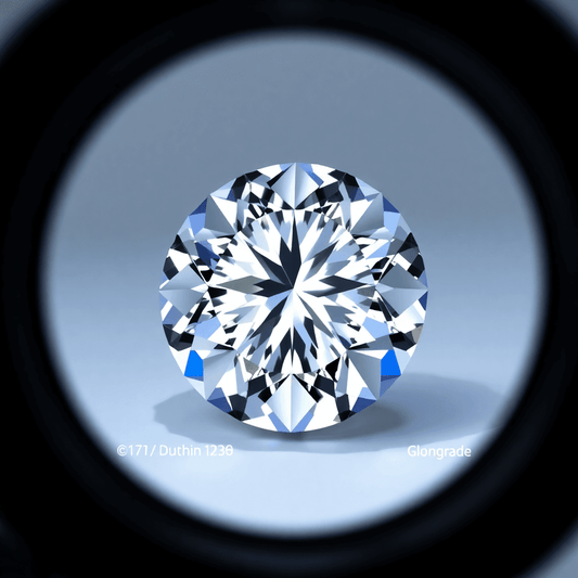 Close-up of a sparkling diamond under a jeweler's loupe, highlighting its clarity and color against a clean, elegant background.