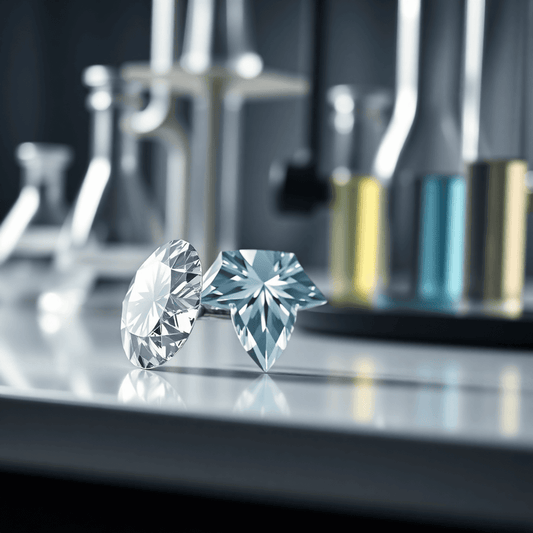 Close-up of a sparkling lab-grown diamond on a sleek surface with blurred scientific equipment in the background, highlighting technology and innovation.