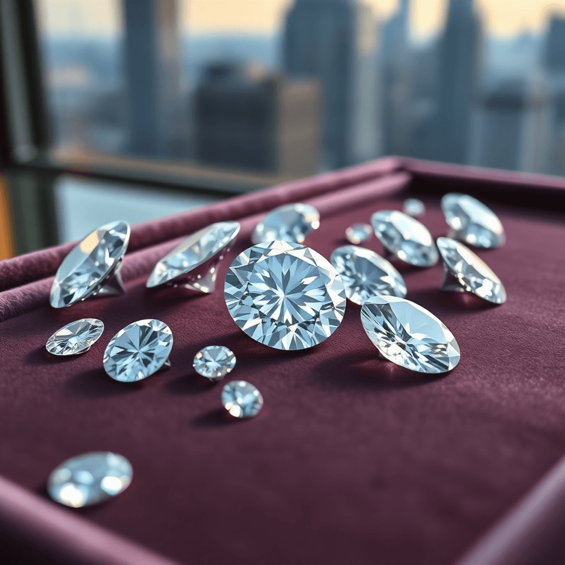 Close-up of sparkling natural and lab-grown diamonds on a velvet tray with a faint New York Diamond District skyline in the background.