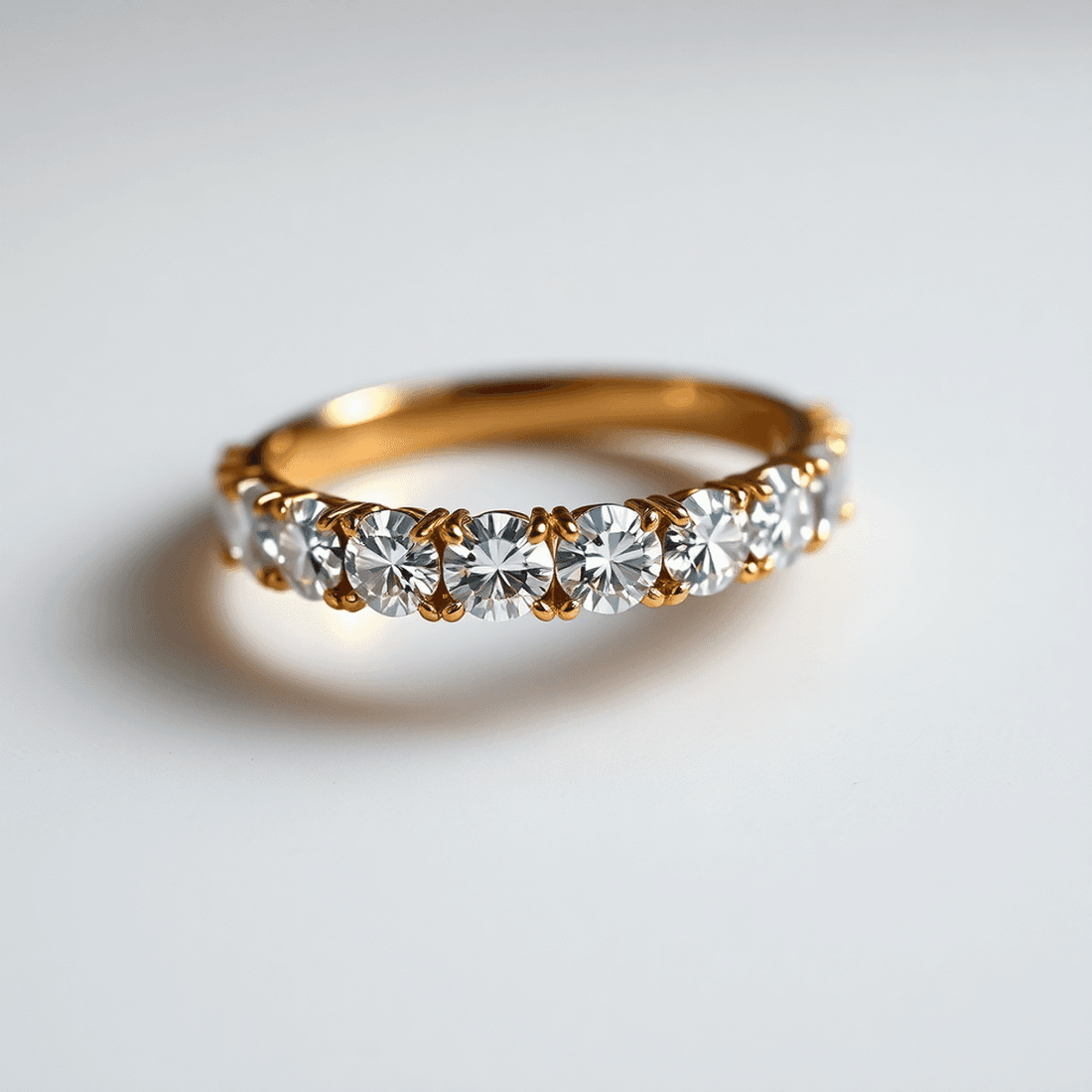 Close-up of a gold diamond eternity ring with gradually larger diamonds, sparkling softly on a smooth neutral background, highlighting elegance and craftsmanshi