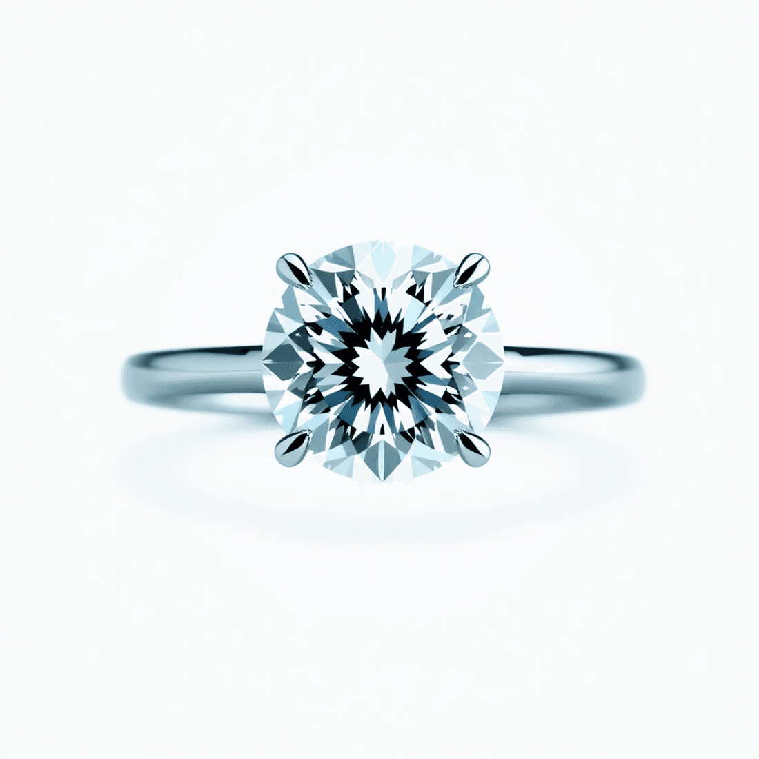 Close-up of a solitaire diamond engagement ring with a sleek metal band on a minimalist background, highlighting the diamond's brilliance and elegance.
