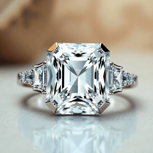 Close-up of an 18 Carat Asscher Cut Diamond Ring with geometric facets and brilliant sparkle on a soft vintage background.