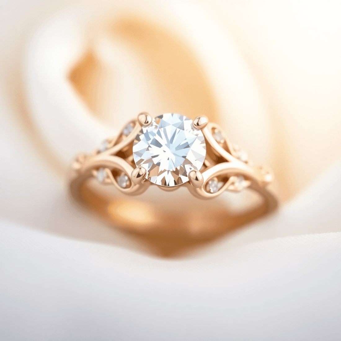 Close-up of a detailed custom engagement ring with a sparkling diamond on a soft, elegant background.