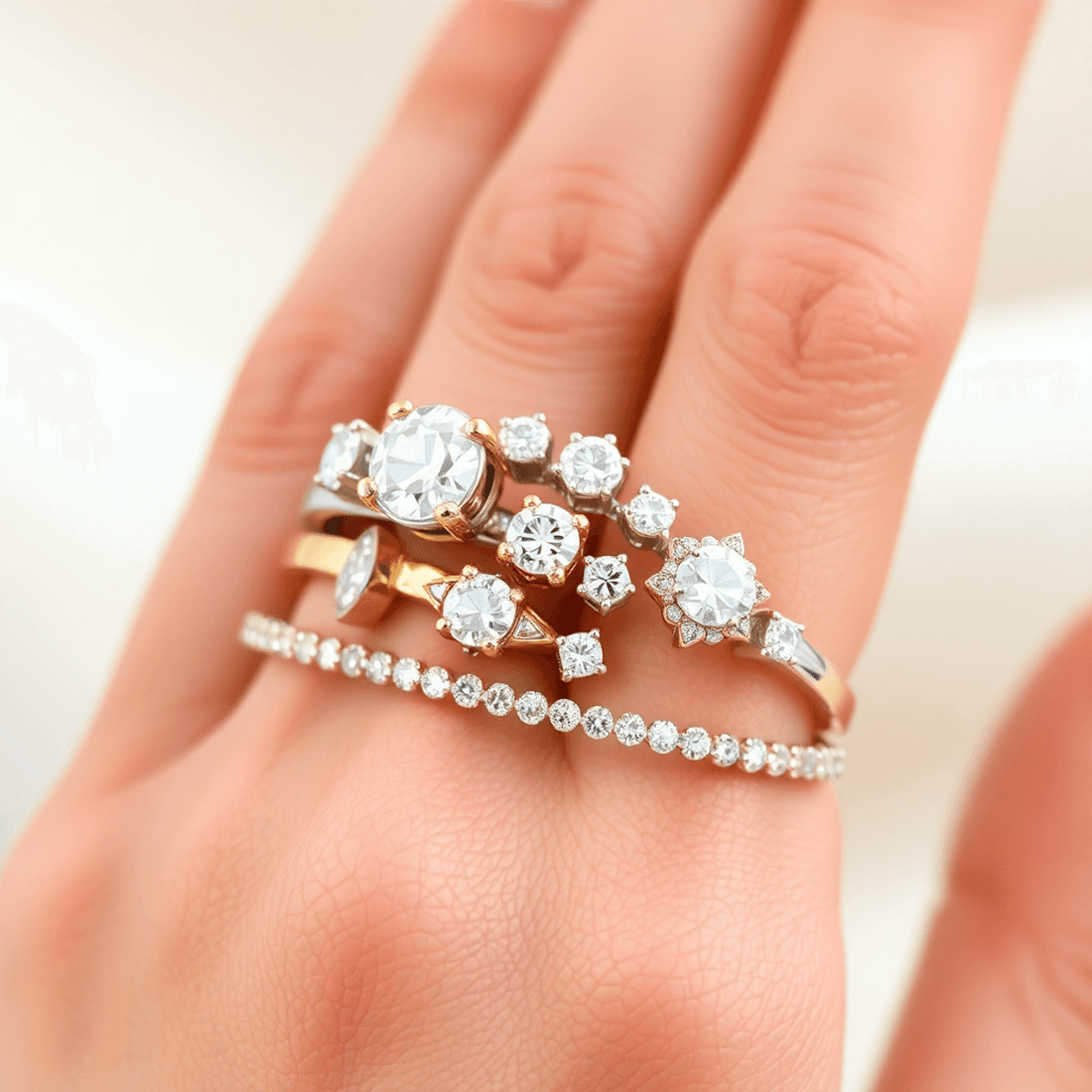 Close-up of stacked diamond rings in white, yellow, and rose gold on a hand against a soft neutral background.