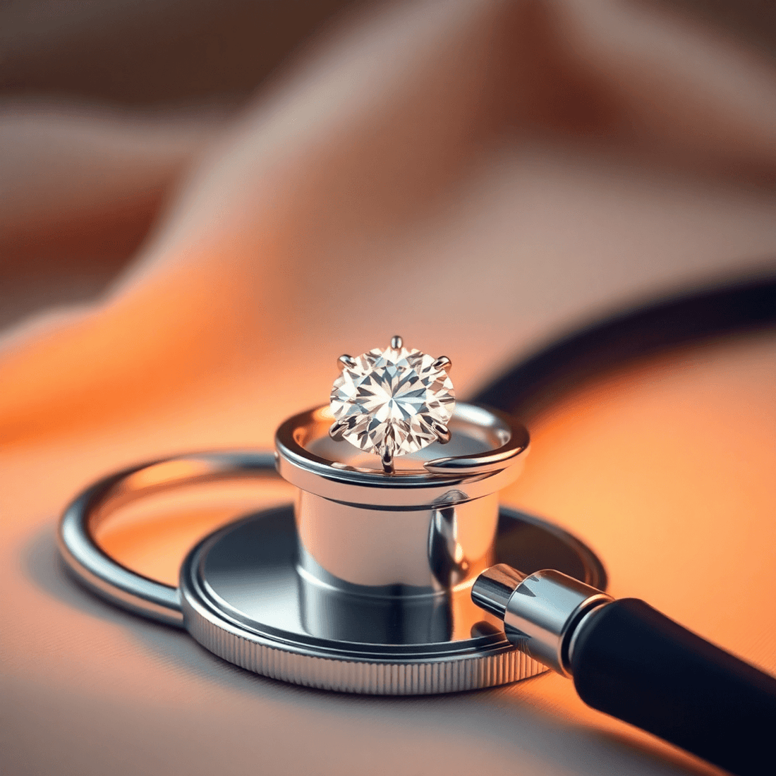 A sparkling diamond engagement ring on a polished stethoscope against a soft, warm-lit background symbolizing love and the medical profession.