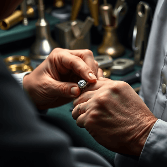 Close-up of hands crafting a sparkling diamond ring with tools and metals in a jeweler's workshop, showcasing artisanal craftsmanship.