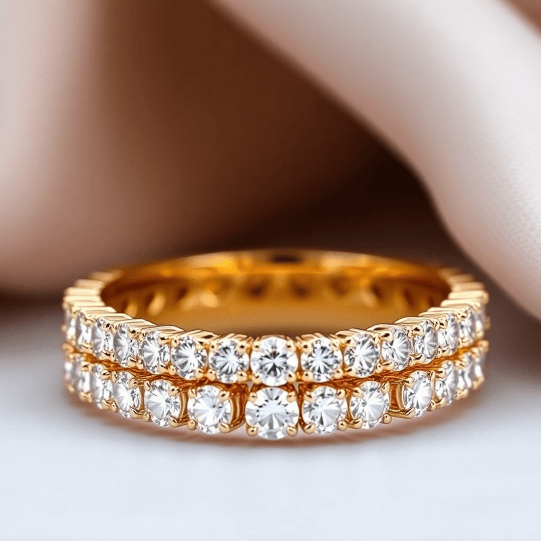 Close-up of a sparkling diamond eternity band on a polished metal ring, with soft light highlighting the seamless circle of diamonds.