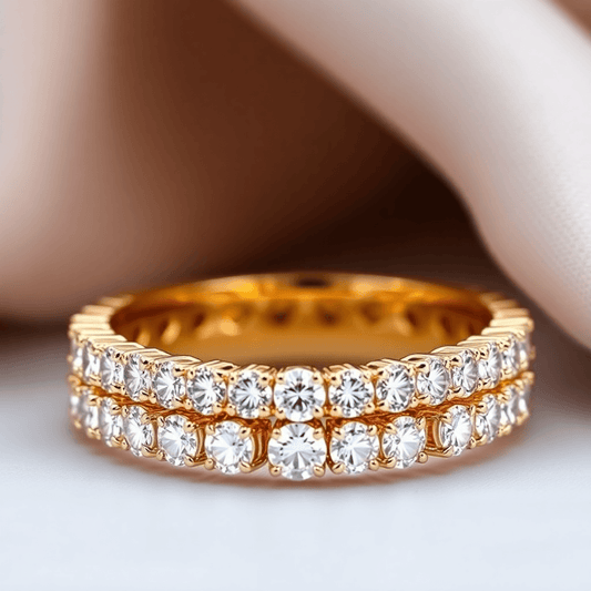 Close-up of a sparkling diamond eternity band on a polished metal ring, with soft light highlighting the seamless circle of diamonds.