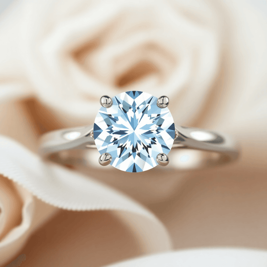 Close-up of a sparkling round brilliant cut diamond engagement ring on an elegant band with a soft, romantic background.