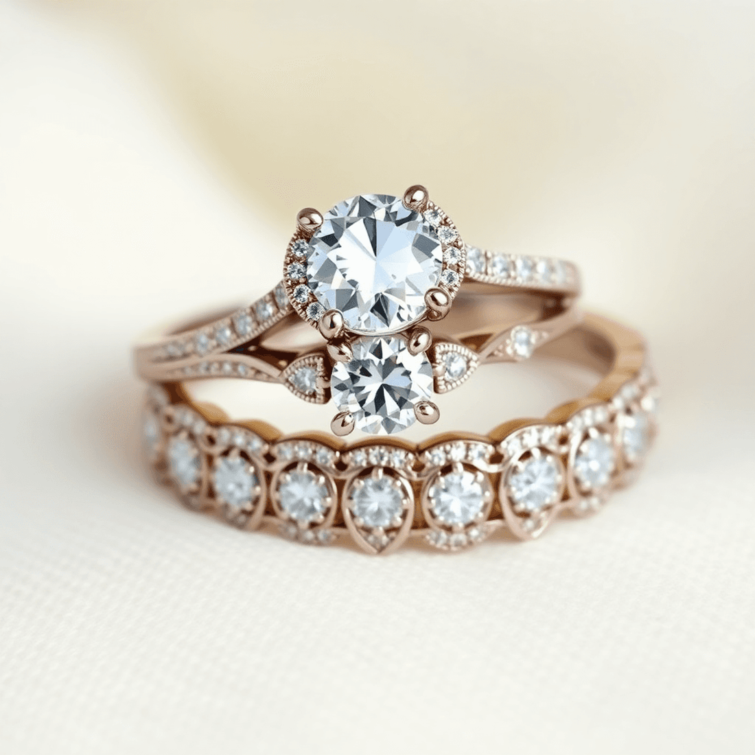 Close-up of a custom bridal set with sparkling diamond engagement ring and matching wedding band on a soft, luxurious background.