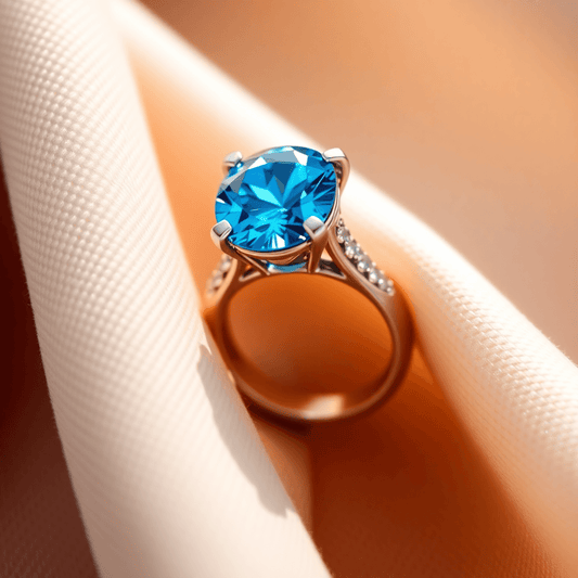 Close-up of a sparkling blue diamond engagement ring on soft fabric, highlighting the gemstone’s vibrant blue hues and brilliance in gentle natural light.