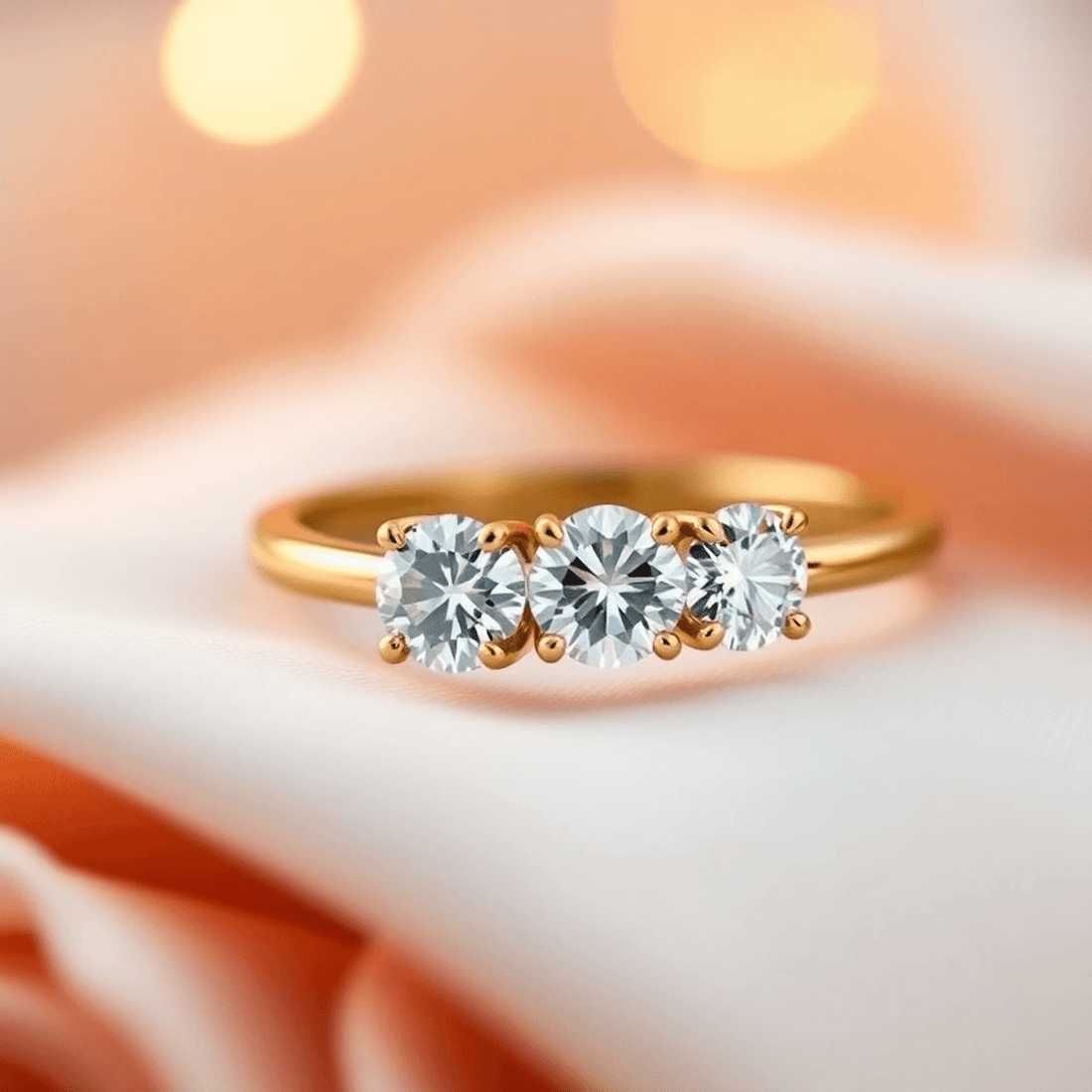 Close-up of a two-stone diamond ring on a gold band with warm, soft lighting on a romantic background.