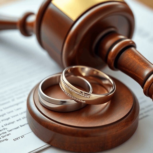Close-up of polished wedding bands on a wooden judge’s gavel and legal documents, softly lit to highlight their elegant finish.