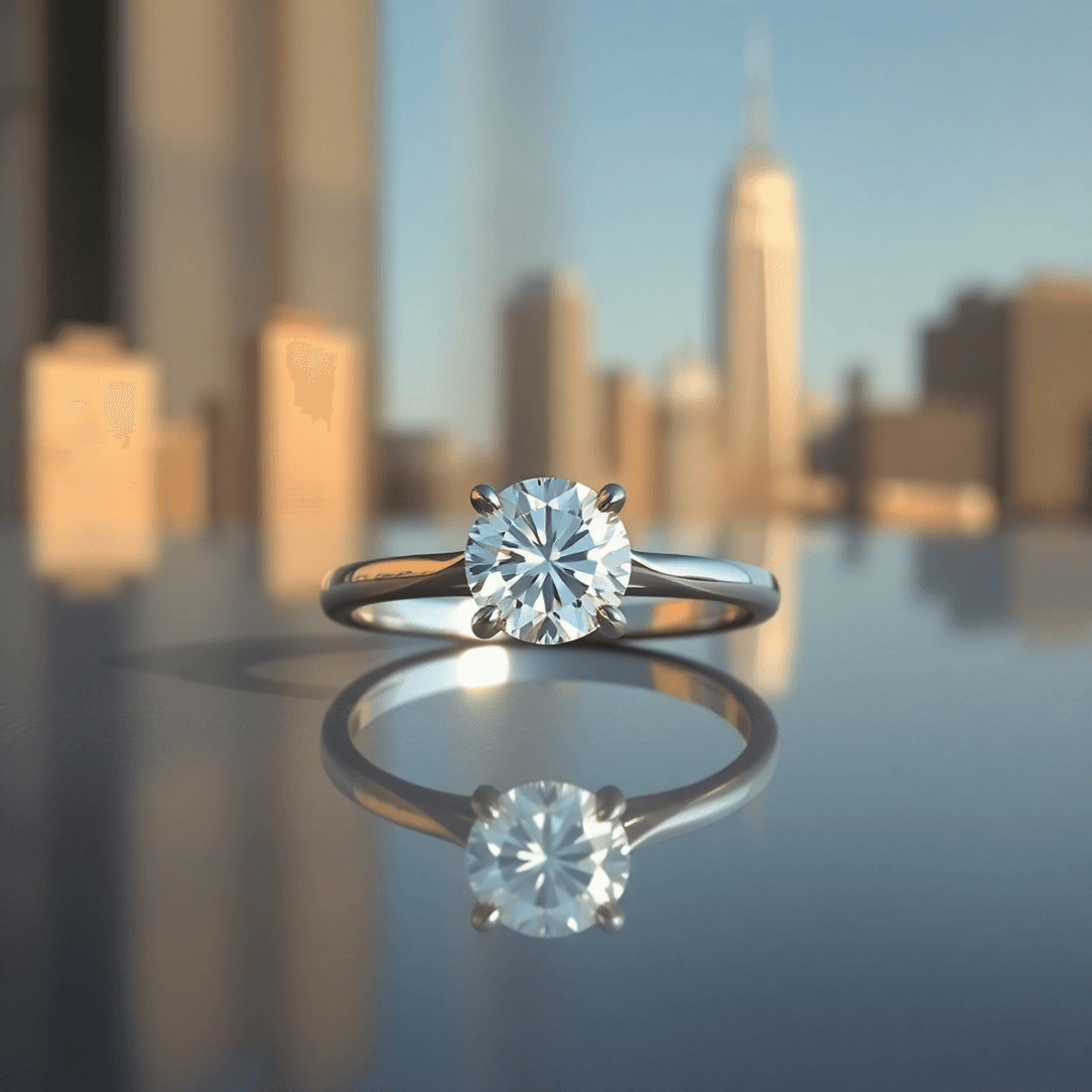 Close-up of a sparkling solitaire diamond ring with a brilliant lab-grown diamond on a sleek band, reflecting soft natural light against a city skyline backdrop