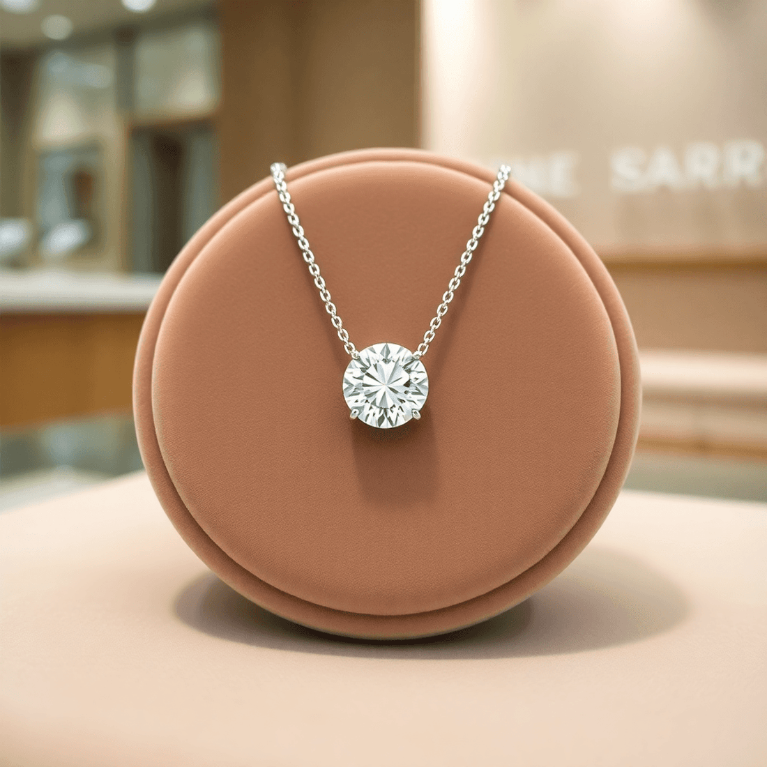 Close-up of a sparkling lab-grown diamond necklace on a velvet cushion with a blurred modern jewelry store background.