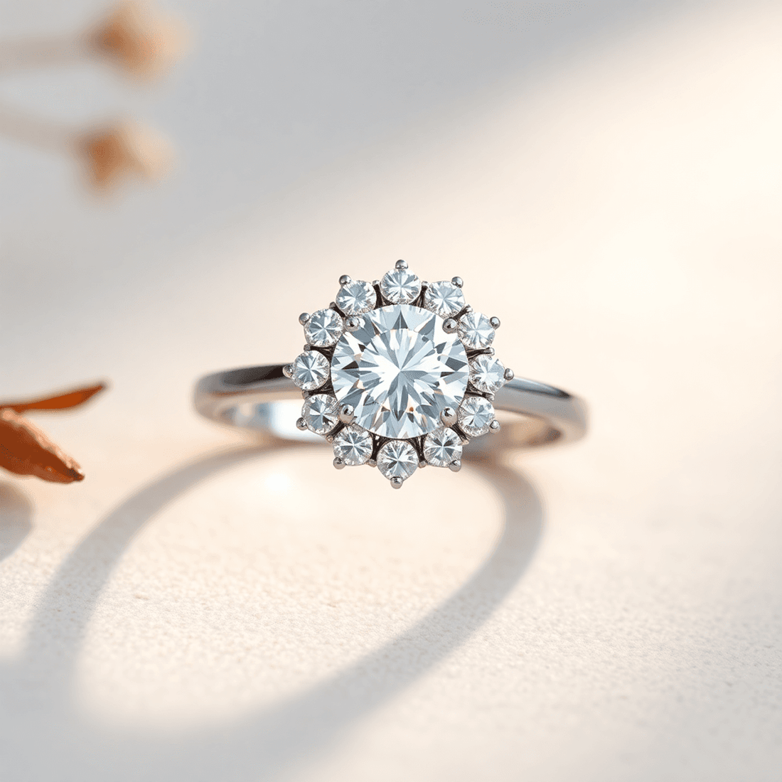 Close-up of a radiant halo diamond ring with sparkling diamonds on a delicate white gold band, glowing softly against a smooth, nature-inspired background.