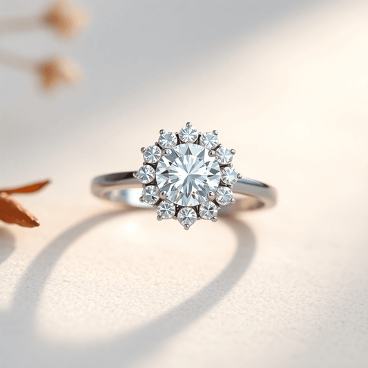 Close-up of a radiant halo diamond ring with sparkling diamonds on a delicate white gold band, glowing softly against a smooth, nature-inspired background.