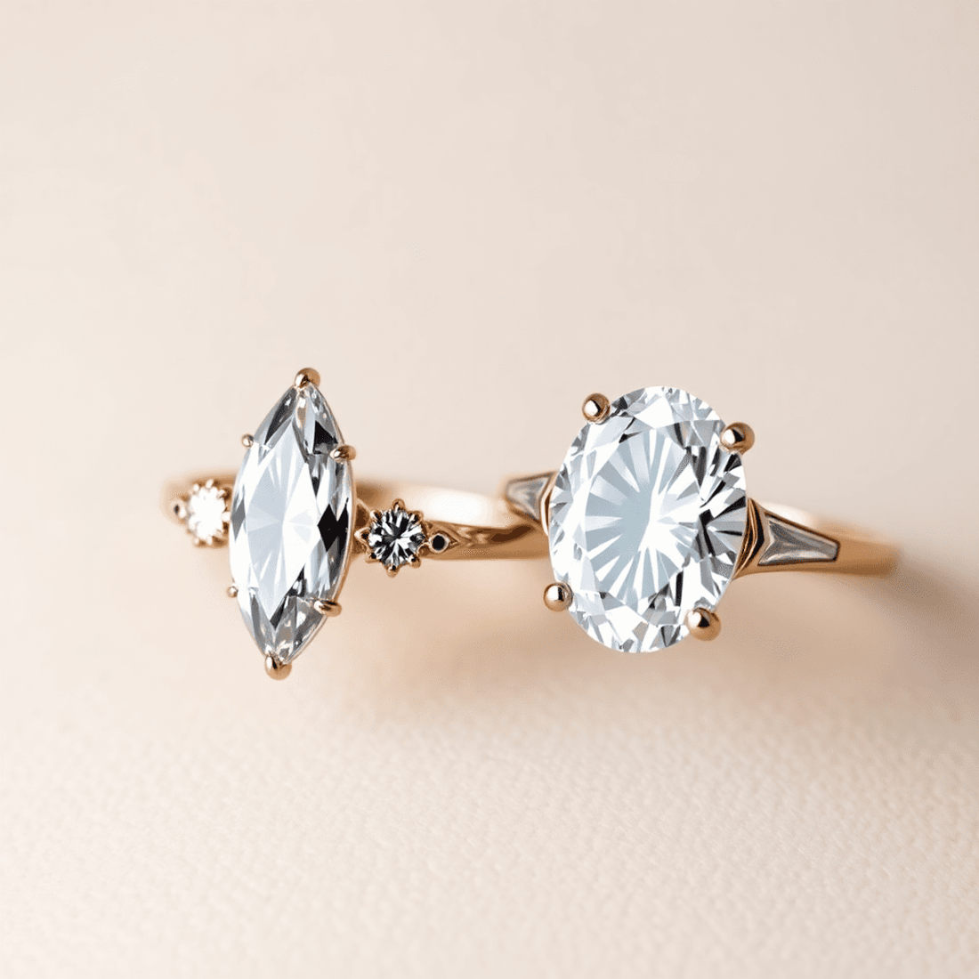 Close-up of two elegant diamond rings on a soft background, one with a marquise cut and the other with an oval cut, sparkling under gentle lighting.