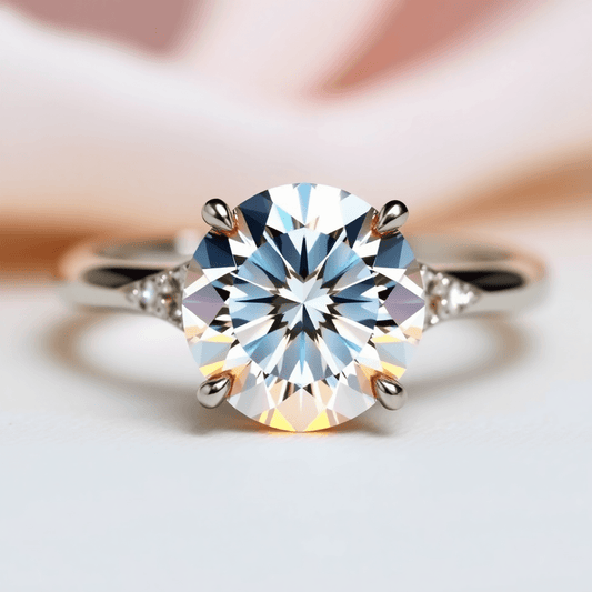 Close-up of a sparkling, ideally-cut diamond engagement ring glowing brilliantly against a soft, elegant background.