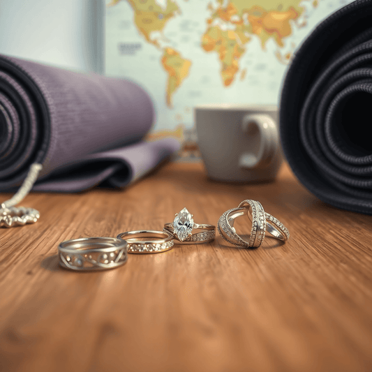 Close-up of elegant lifestyle ring design with varied designs on wood, with blurred yoga mat, coffee cup, and travel map in the background New York