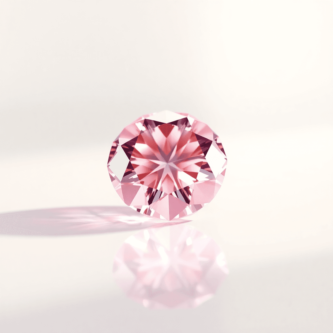 Close-up of a sparkling pink diamond on a reflective surface with glowing light and abstract tech and sustainability elements on an elegant background.