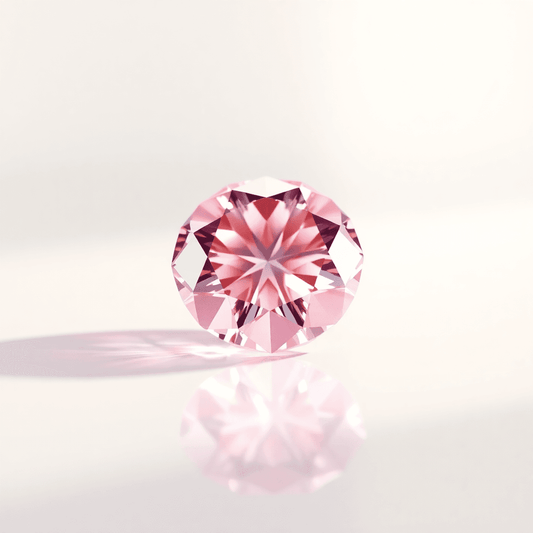Close-up of a sparkling pink diamond on a reflective surface with glowing light and abstract tech and sustainability elements on an elegant background.