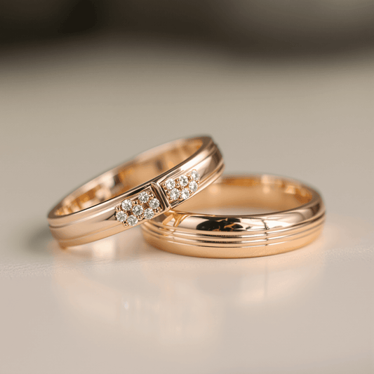 Close-up of elegant rose gold wedding bands with a soft glow on a neutral background, symbolizing modern love and timeless romance.