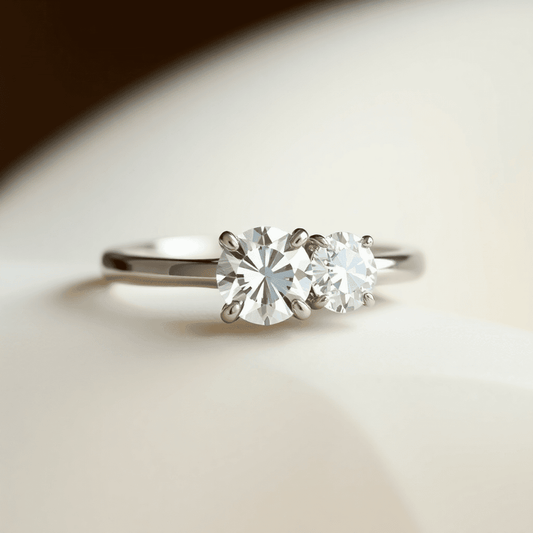 Close-up of a two-stone diamond ring with sparkling lab-grown diamonds on a soft, neutral background symbolizing love and ethical craftsmanship.