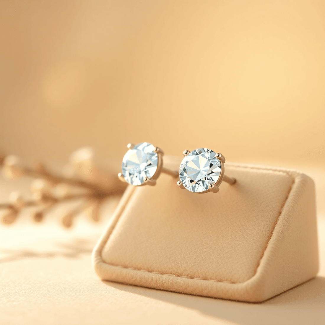 Close-up of sparkling lab-grown diamond earrings on a delicate display with a warm, soft background evoking love and celebration.