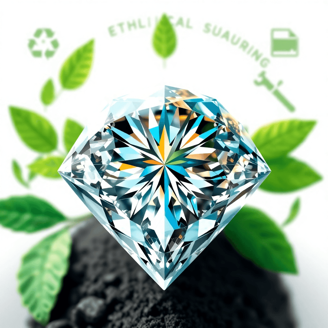 Close-up of a sparkling diamond split between lab-grown and natural, set against green leaves and mining tools symbolizing sustainability and ethical sourcing.