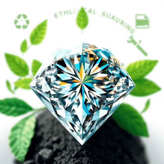 Close-up of a sparkling diamond split between lab-grown and natural, set against green leaves and mining tools symbolizing sustainability and ethical sourcing.