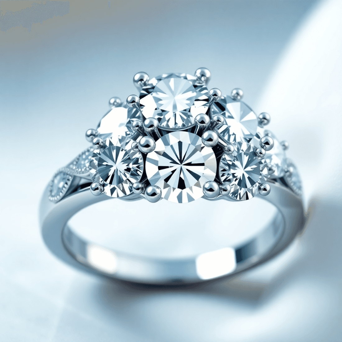 Close-up of a sparkling diamond ring with multiple diamonds in a shared prong setting, showcasing continuous brilliance against a soft, elegant background.