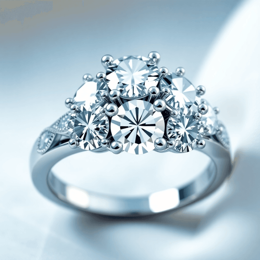 Close-up of a sparkling diamond ring with multiple diamonds in a shared prong setting, showcasing continuous brilliance against a soft, elegant background.