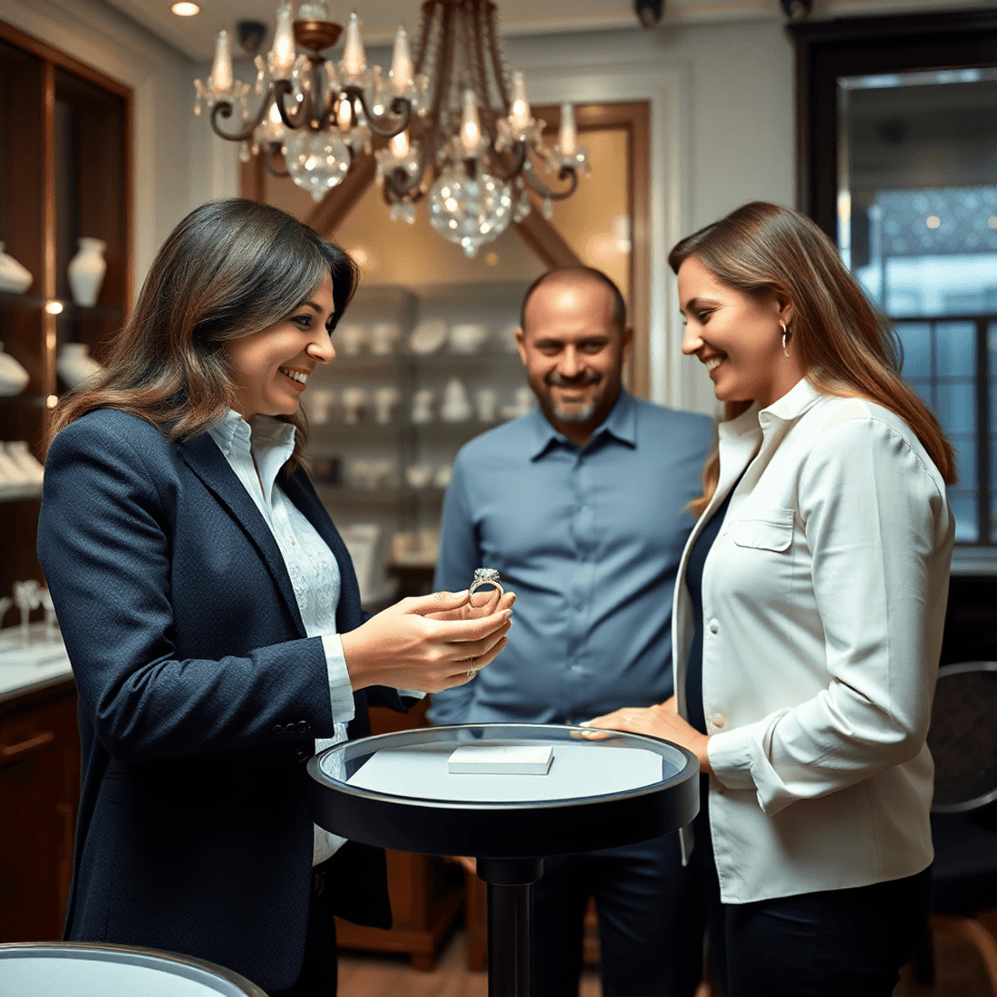 Jeweler presenting a custom engagement ring design to a smiling couple in a bright, elegant New York jewelry studio.