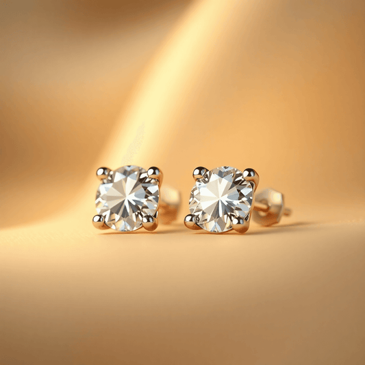 Close-up of sparkling diamond stud earrings under warm lighting with a blurred luxurious background in gold and white tones.