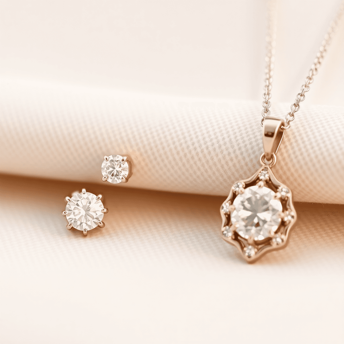 Close-up of delicate diamond stud earrings and a refined pendant on a soft neutral background, showcasing elegant and understated luxury.