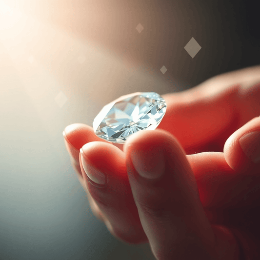 Close-up of a sparkling diamond held between fingers, bathed in warm light with abstract shapes symbolizing clarity and knowledge.