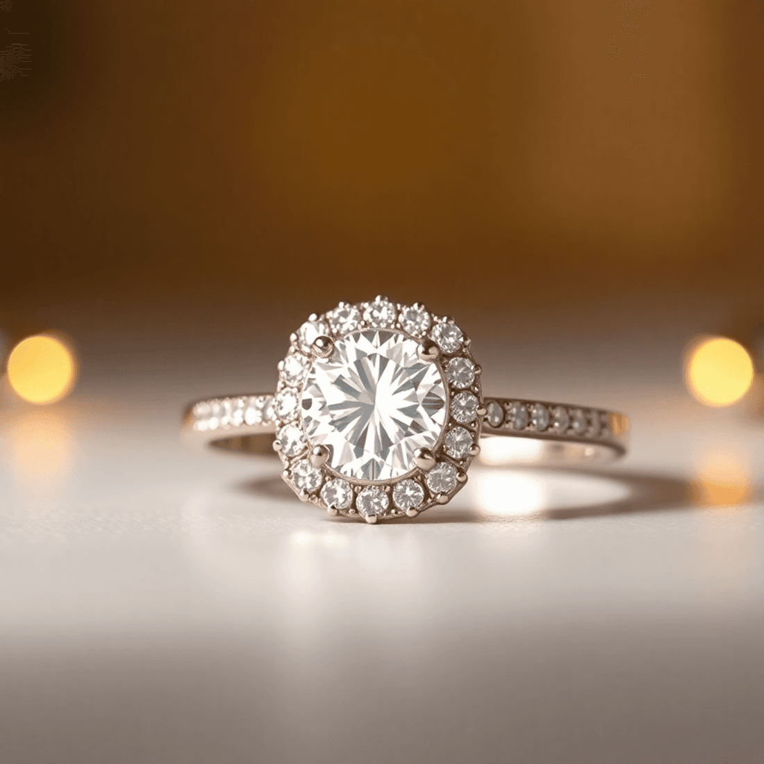 Close-up of a sparkling halo engagement ring with a large central diamond and smaller accents on a delicate band, set against a softly blurred warm background.