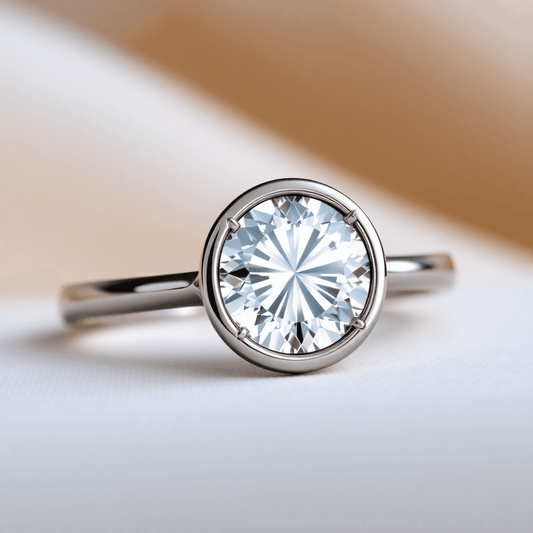 Close-up of a sparkling diamond ring with a half bezel setting, highlighting the metal rim and diamond brilliance against a soft, elegant background.