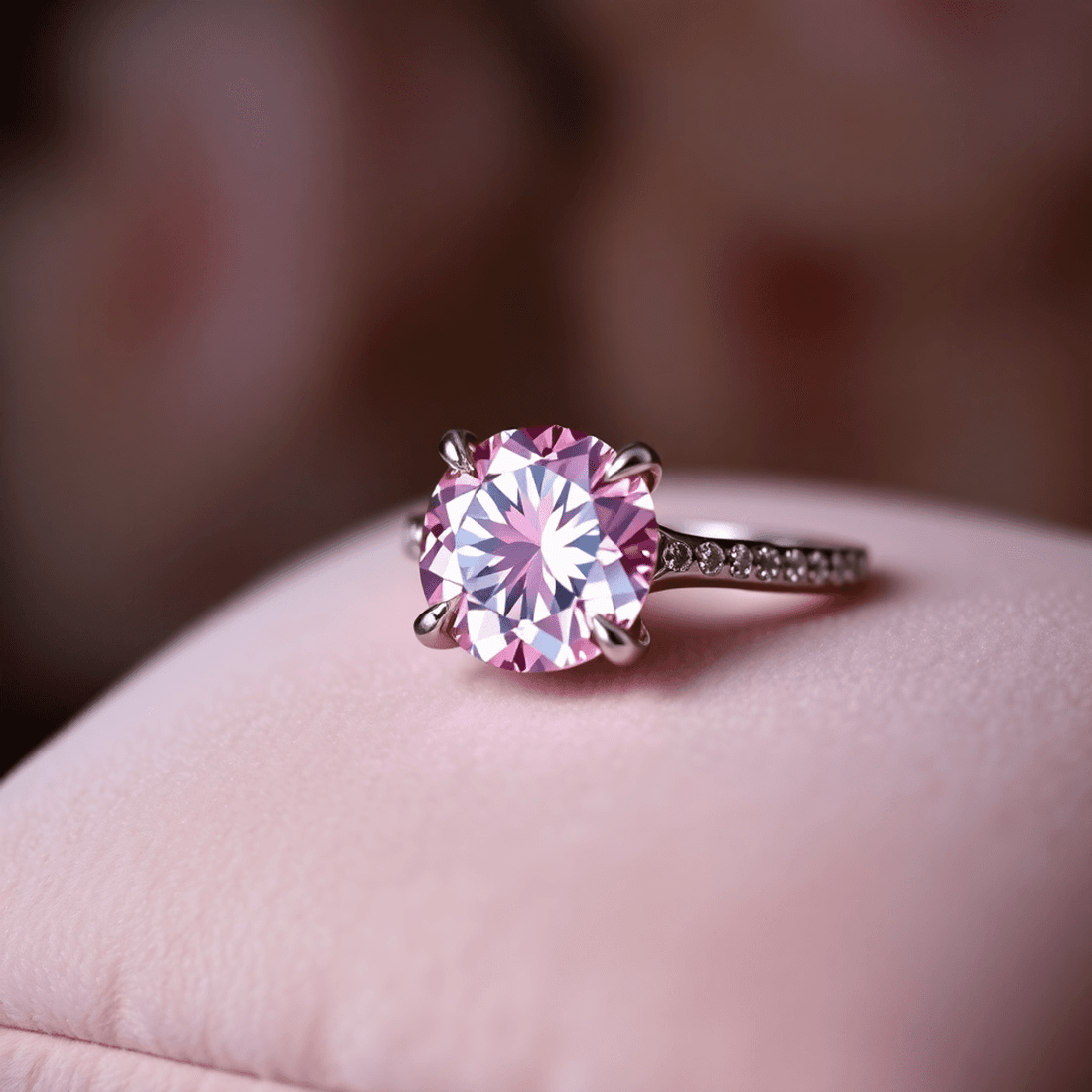 Close-up of a sparkling pink diamond engagement ring on a velvet cushion, illuminated by soft romantic lighting highlighting its delicate rose hue and brillianc
