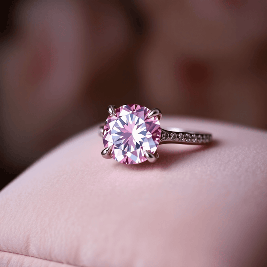 Close-up of a sparkling pink diamond engagement ring on a velvet cushion, illuminated by soft romantic lighting highlighting its delicate rose hue and brillianc